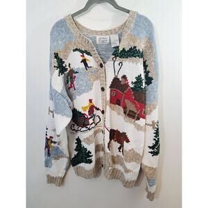 Northern Treasures Vintage Women's Winter Scene Knit Cardigan Sweater Size XL